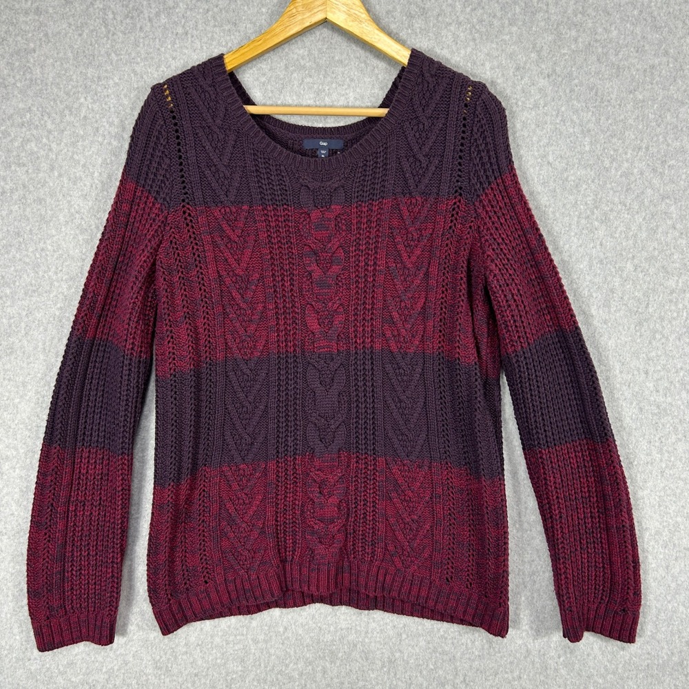 Gap Cable Knit‎ Sweater Wool Blend Purple Burgundy Red Striped Womens XL READ